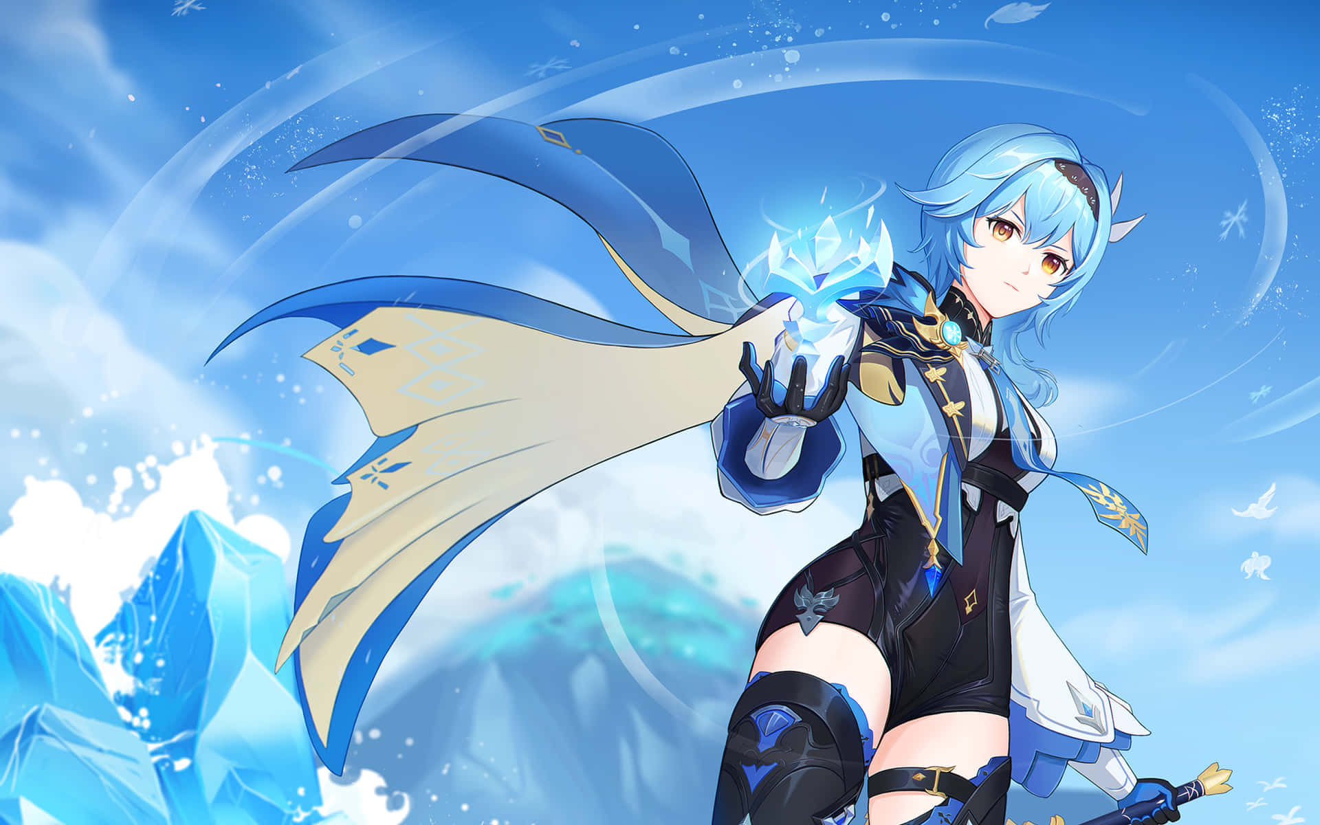 A Blue Anime Girl With A Sword And Ice Background