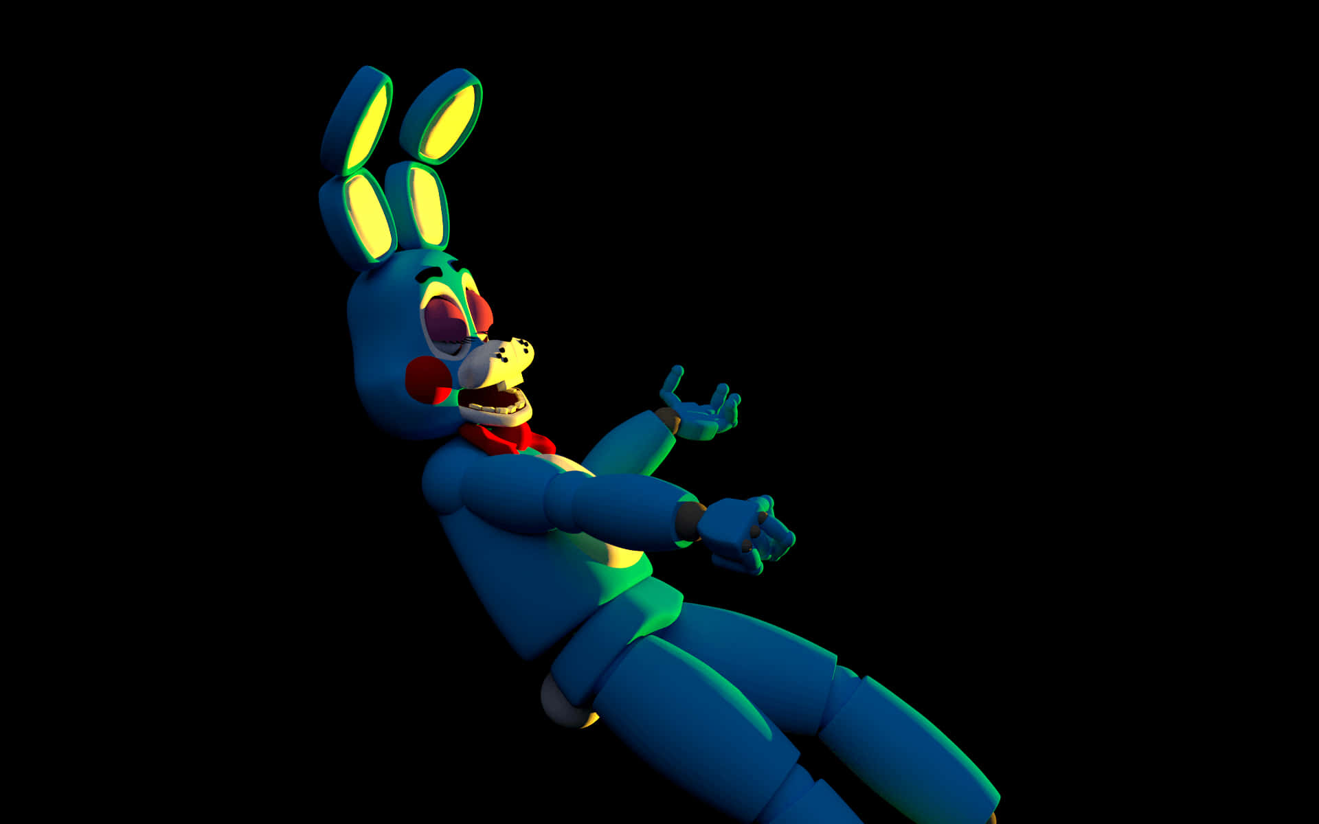 A Blue Bunny Character Is Flying In The Dark