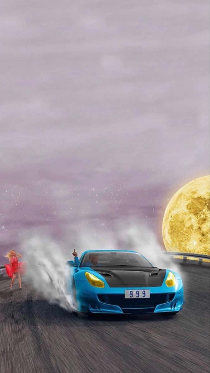 A Blue Car Driving On A Road With A Moon In The Background Background