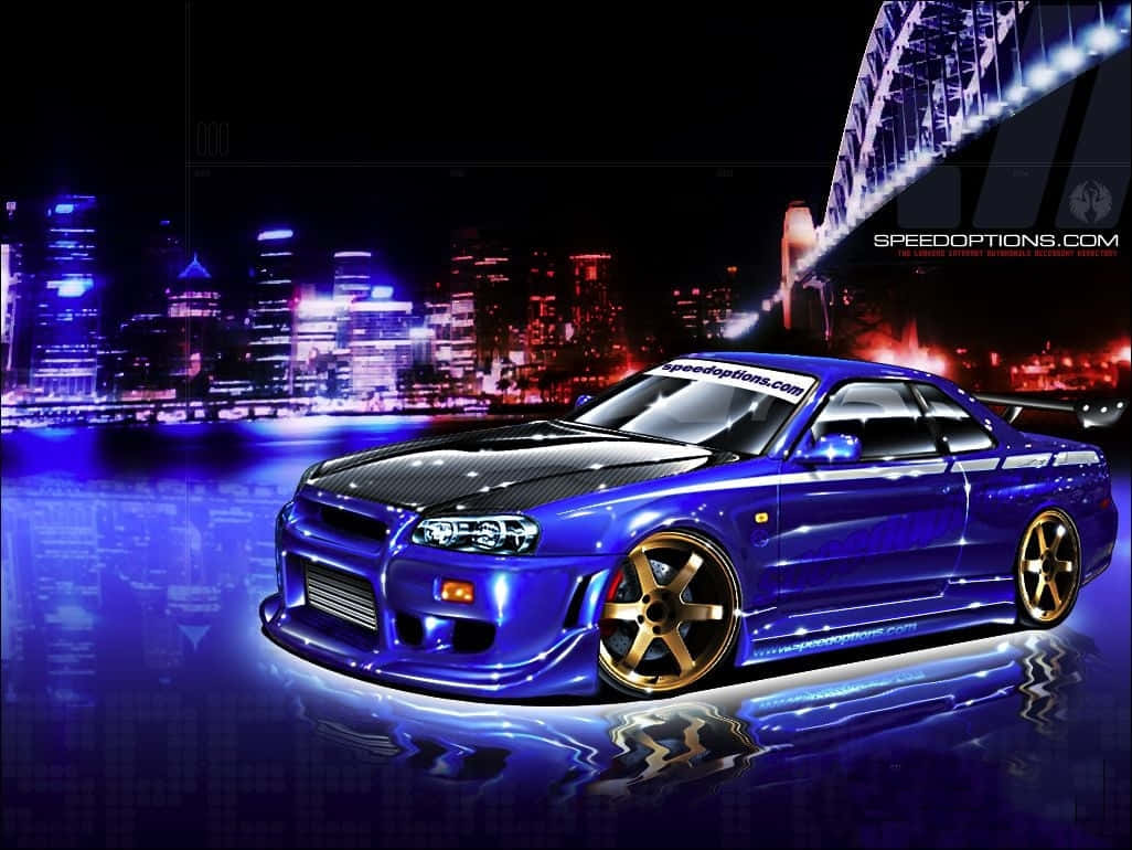 A Blue Car With A City In The Background Background