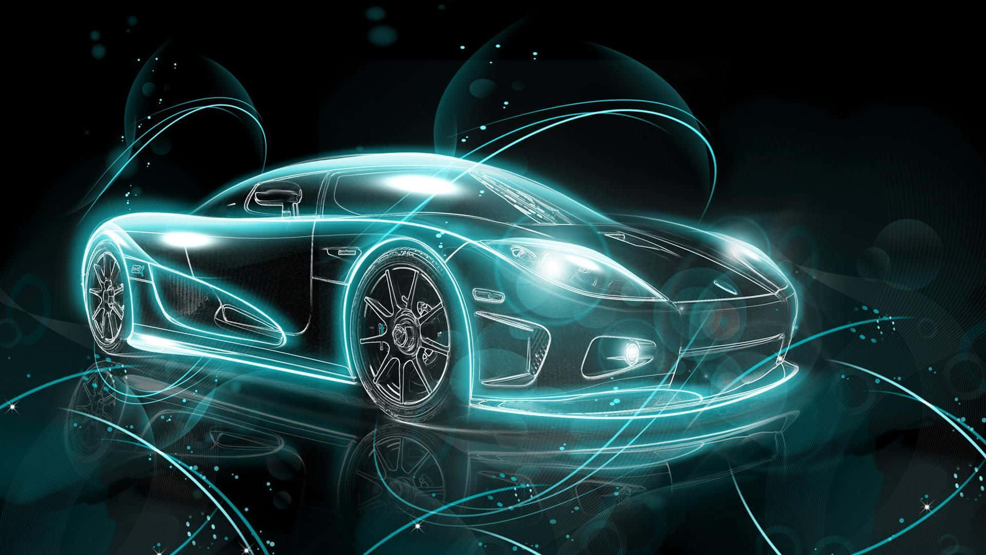 A Blue Car With Neon Lights On It Background