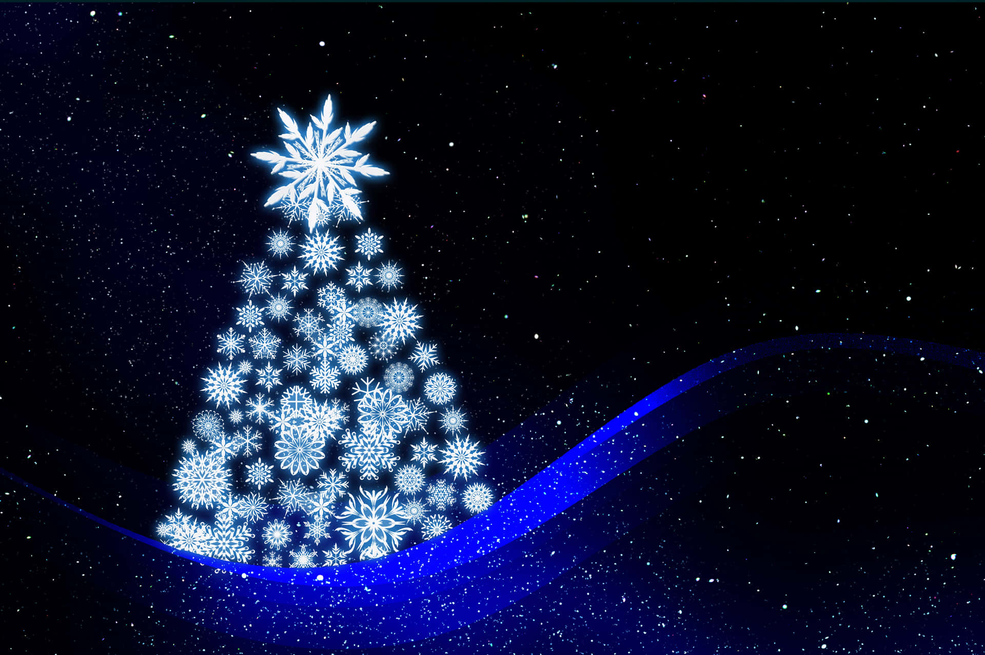 A Blue Christmas Tree With Snowflakes On A Black Background Background