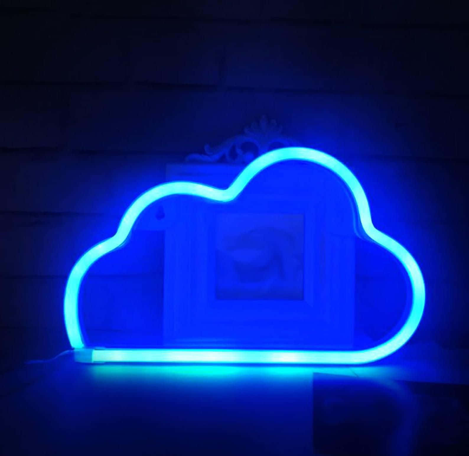 A Blue Cloud Neon Sign With A Picture On It