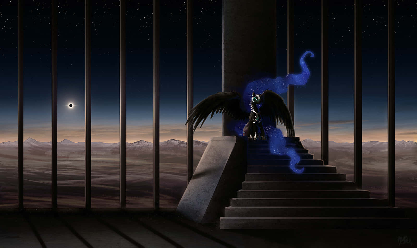 A Blue Dragon Sitting On A Stairway With A Blue Sky Background