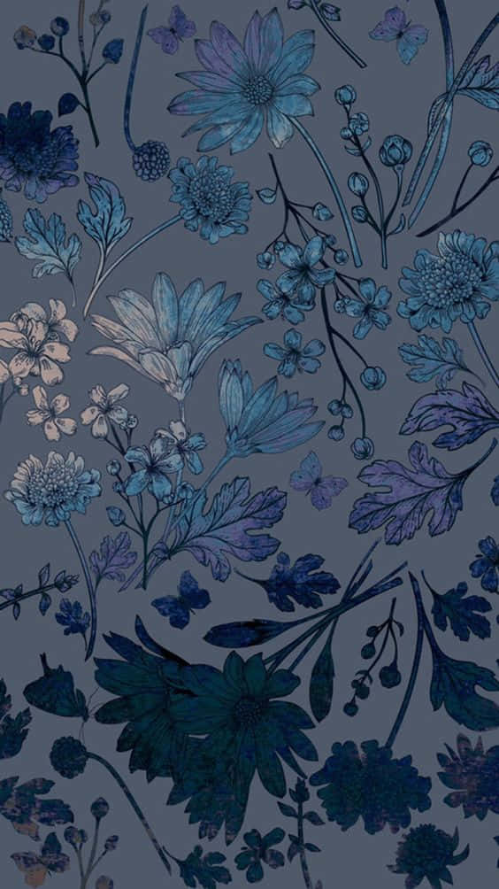 A Blue Floral Pattern On A Gray Background Background