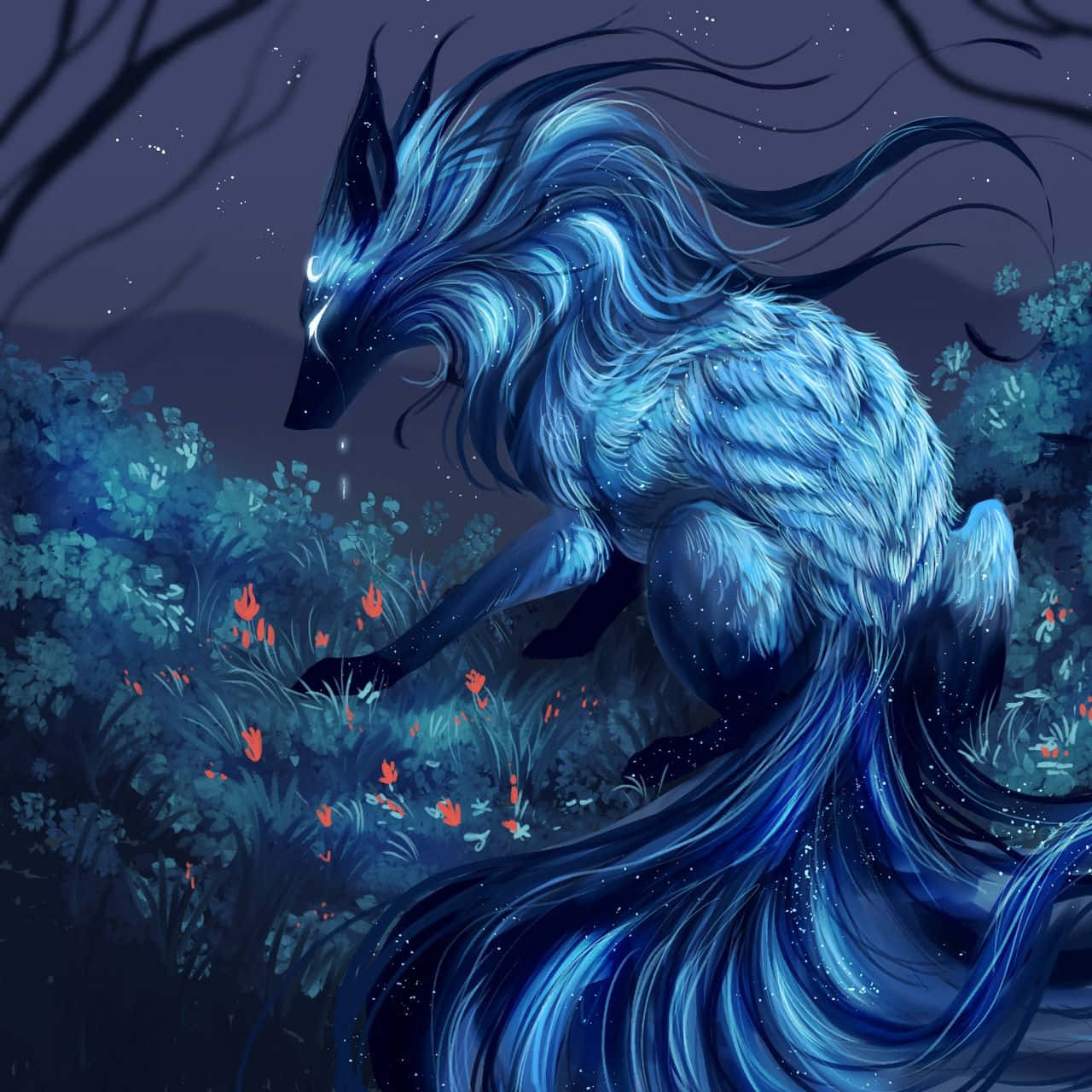 A Blue Fox With Long Hair In The Forest Background