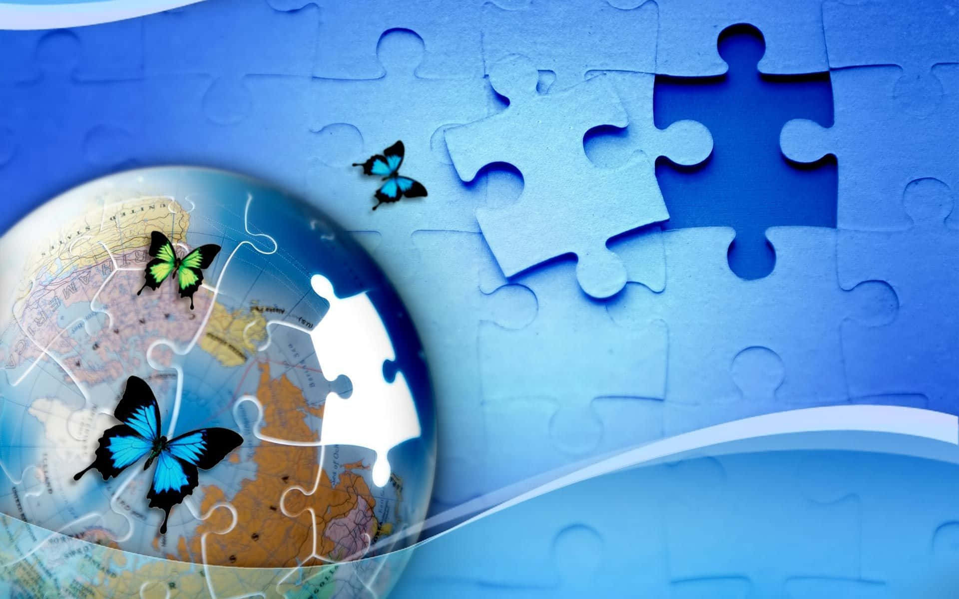 A Blue Globe With Puzzle Pieces And Butterflies Background