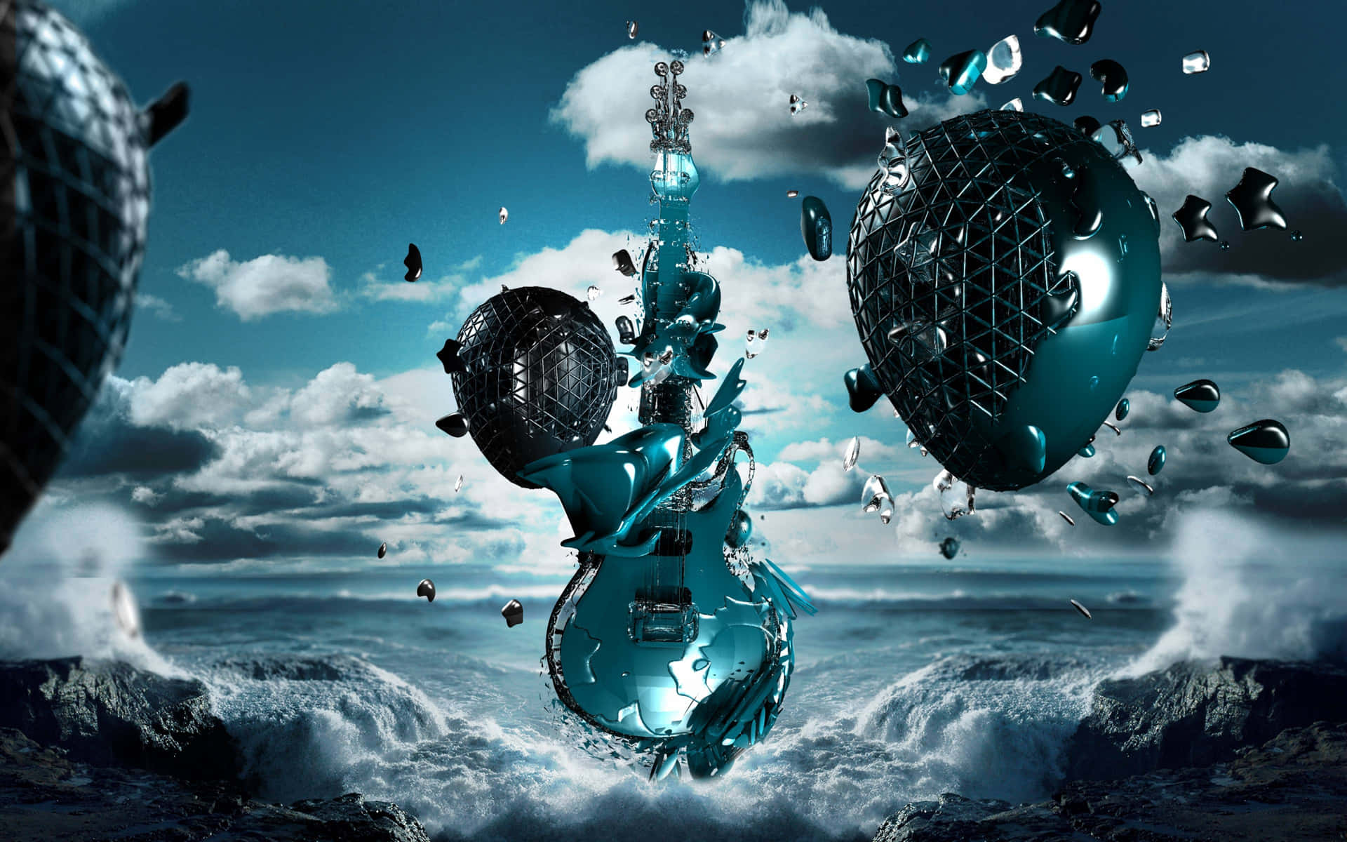 A Blue Guitar In The Water Background