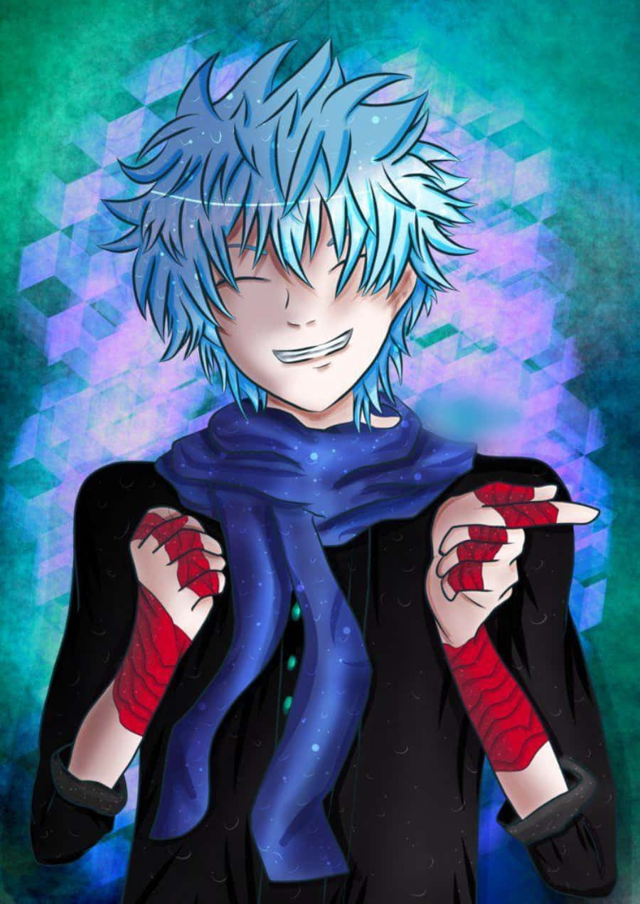 A Blue Haired Anime Character With Blue Scarf Background