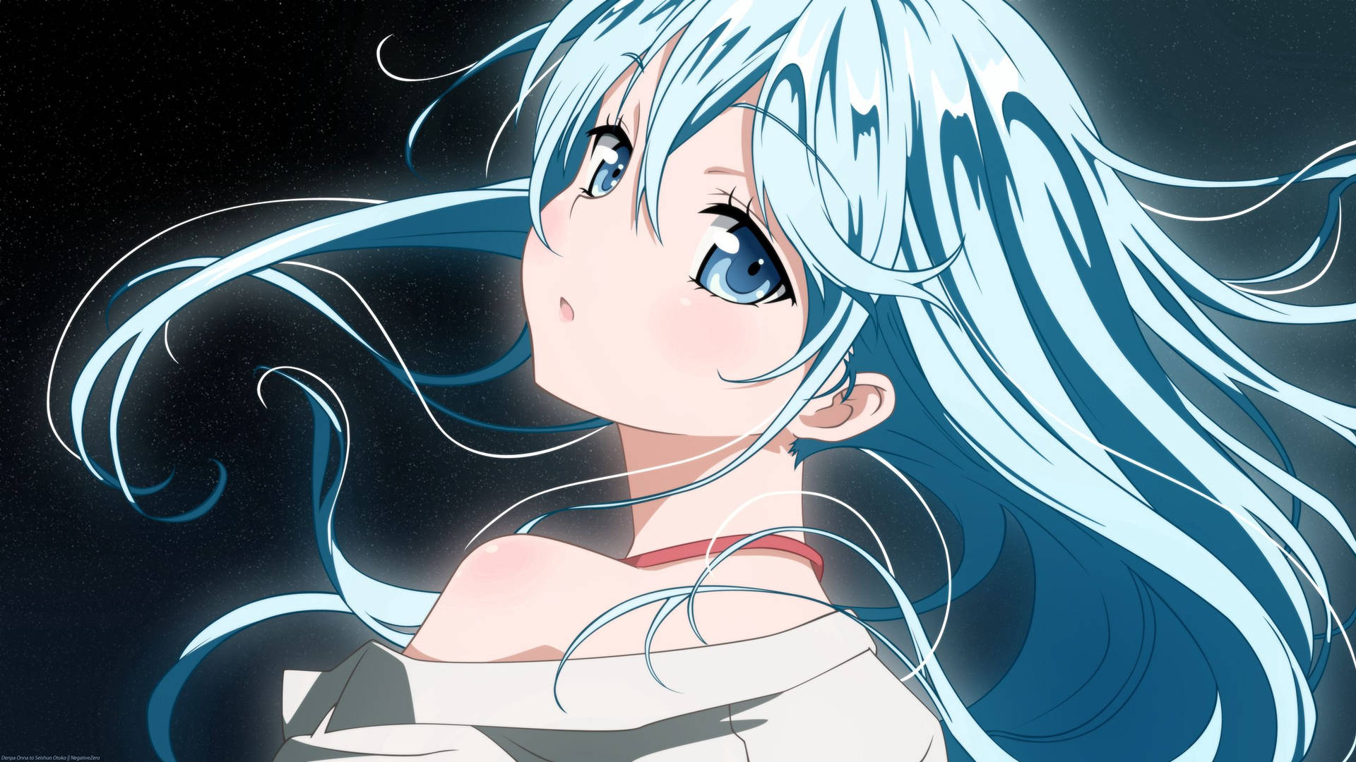 A Blue-haired Girl Adventuring Through An Animated World Background