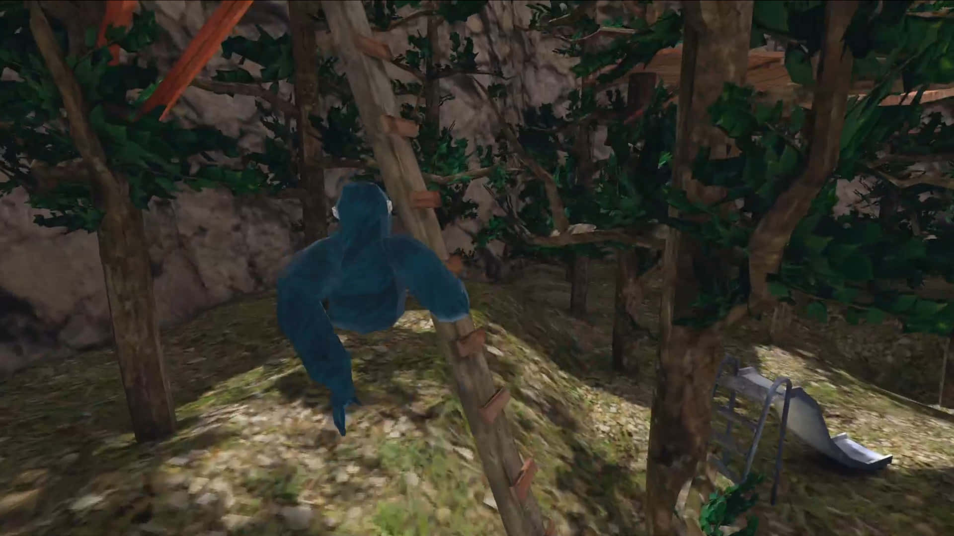 A Blue Monkey Is Climbing A Tree In A Video Game Background