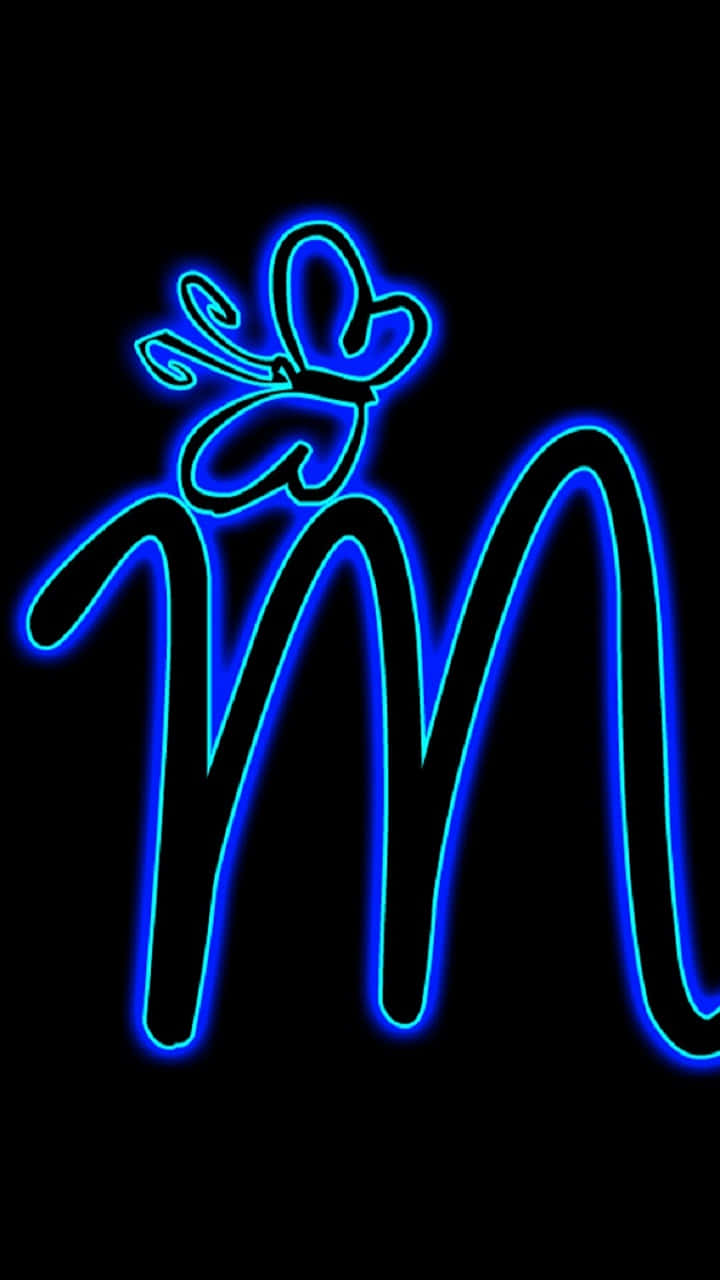 A Blue Neon Letter M With A Butterfly On It Background