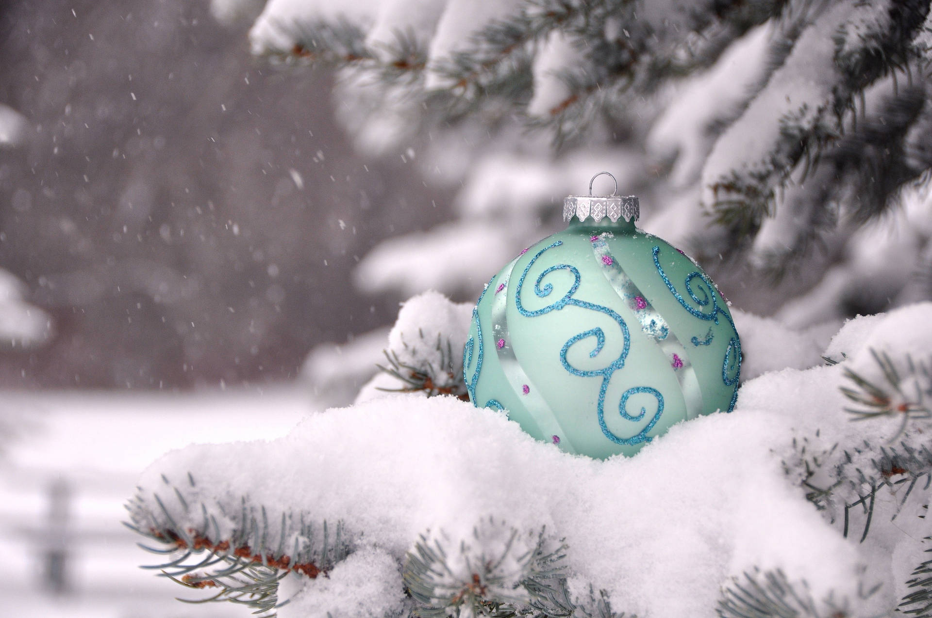 A Blue Ornament Sitting On A Pine Tree In The Snow Background