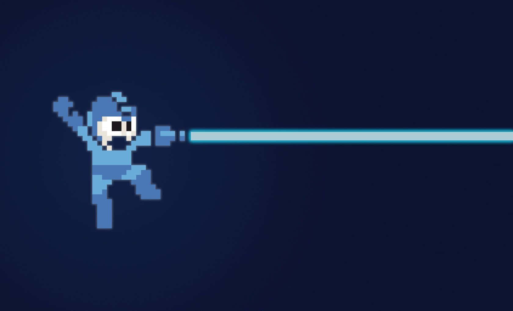 A Blue Pixel Man Is Flying With A Sword Background