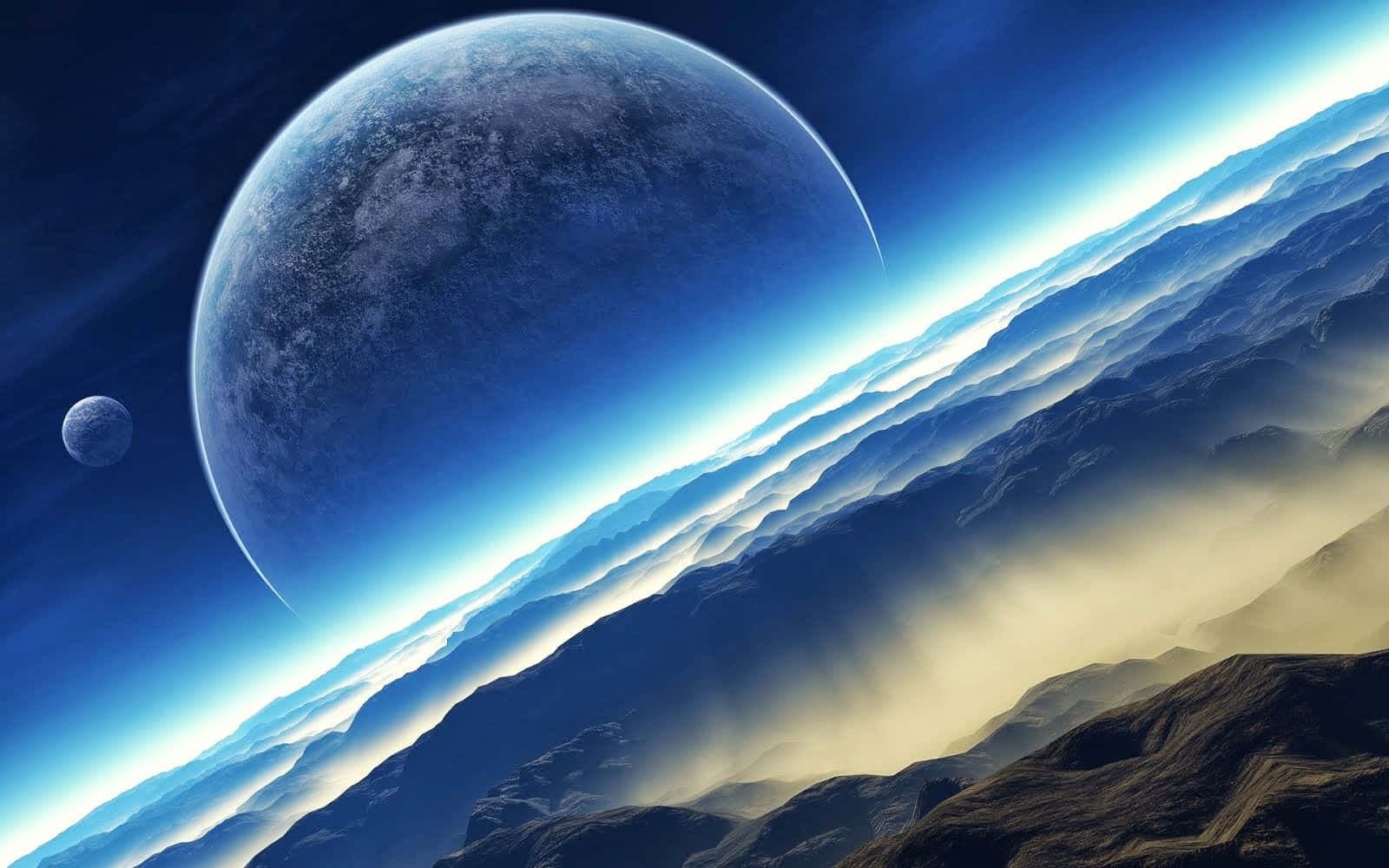 A Blue Planet With Two Moons In The Background Background