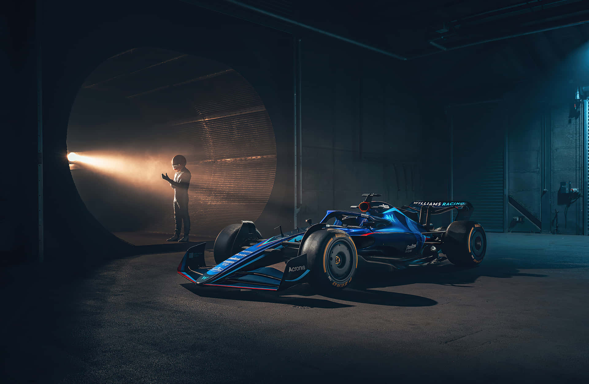 A Blue Racing Car In A Dark Tunnel Background