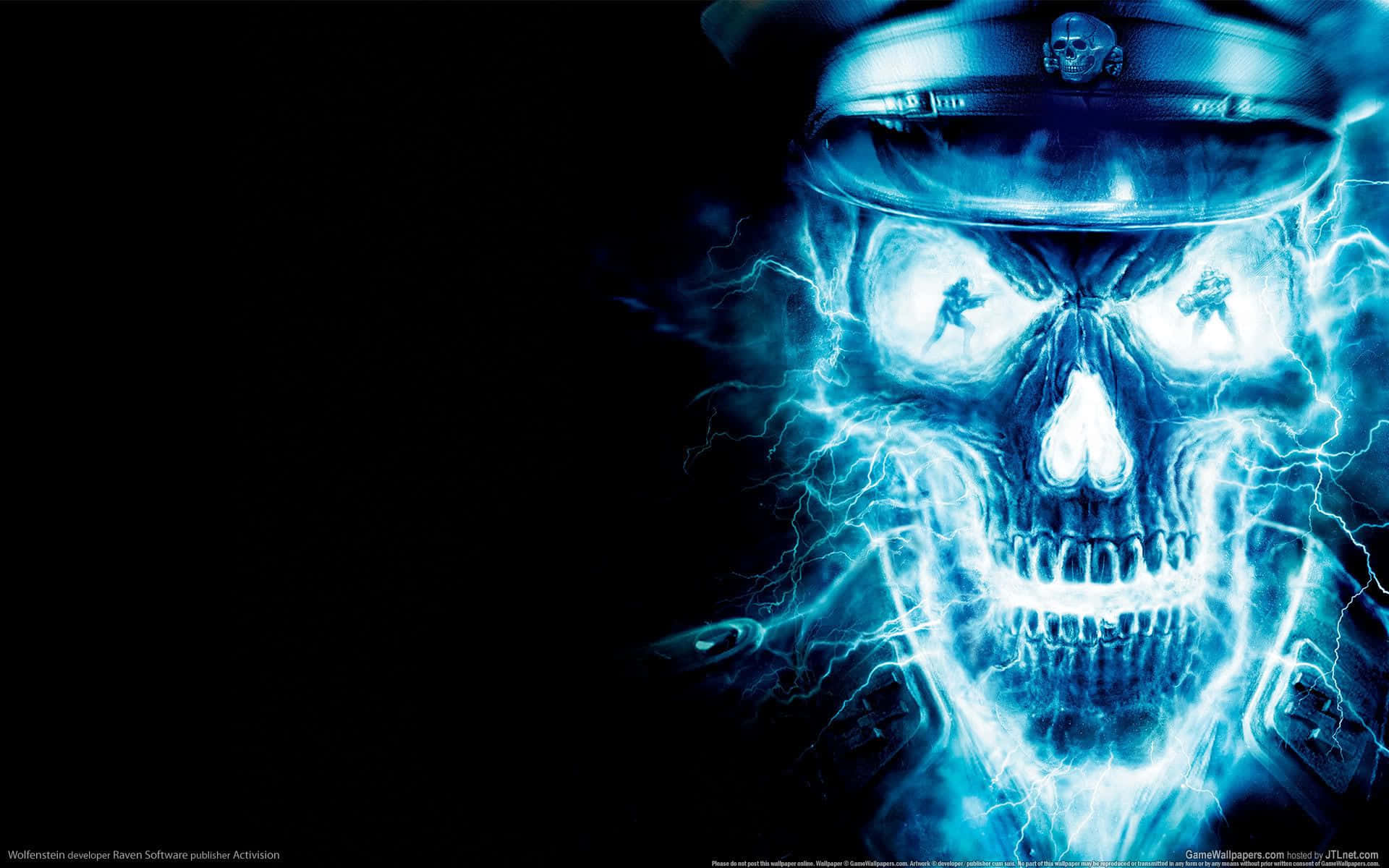 A Blue Skull With Lightning In His Head Background