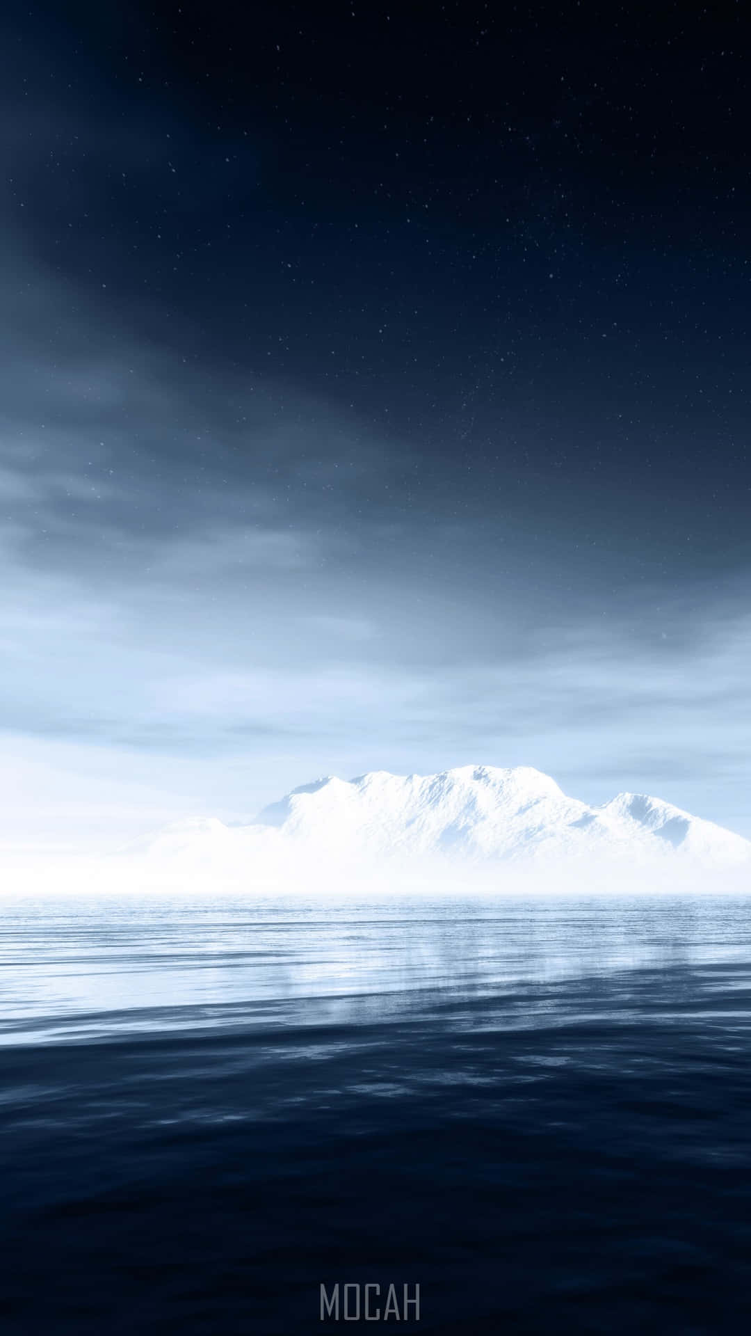 A Blue Sky With Mountains And Clouds Over The Water