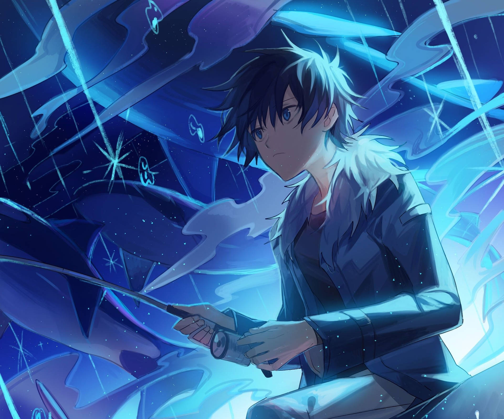 A Blue-tinted Anime Boy Against A Starry Night Sky Background