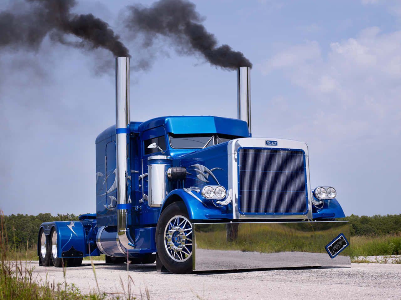 A Blue Truck With Smoke Coming Out Of Its Hood Background