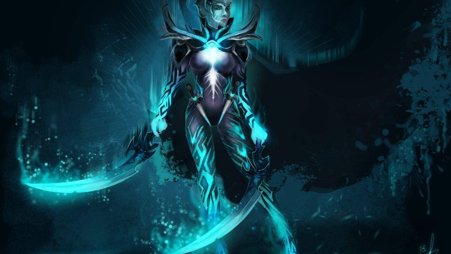 A Blue Woman With Two Swords In Her Hands Background