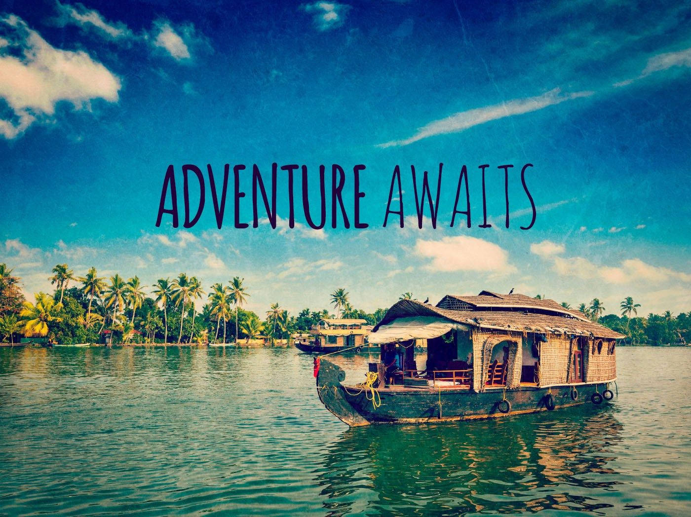 A Boat In The Water With The Words Adventure Awaits Background