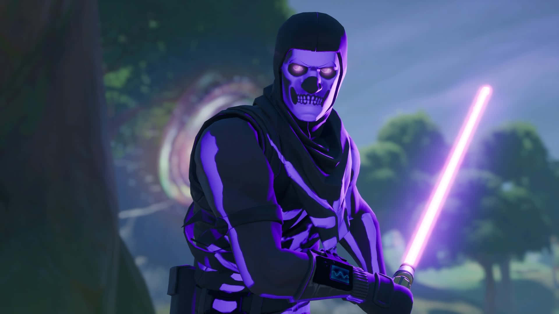 A Bold Modern Gamer Wearing The Infamous Purple Skull Trooper Outfit