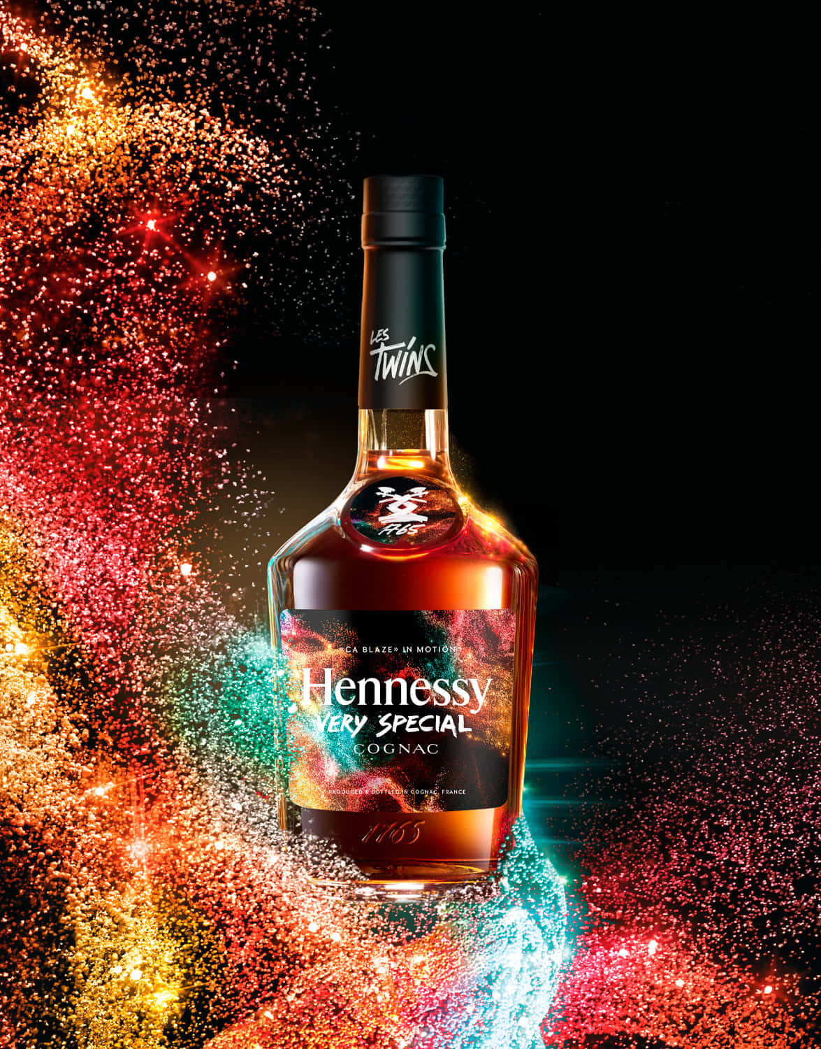 A Bottle Of Hennessy Bourbon With Colorful Swirls Background