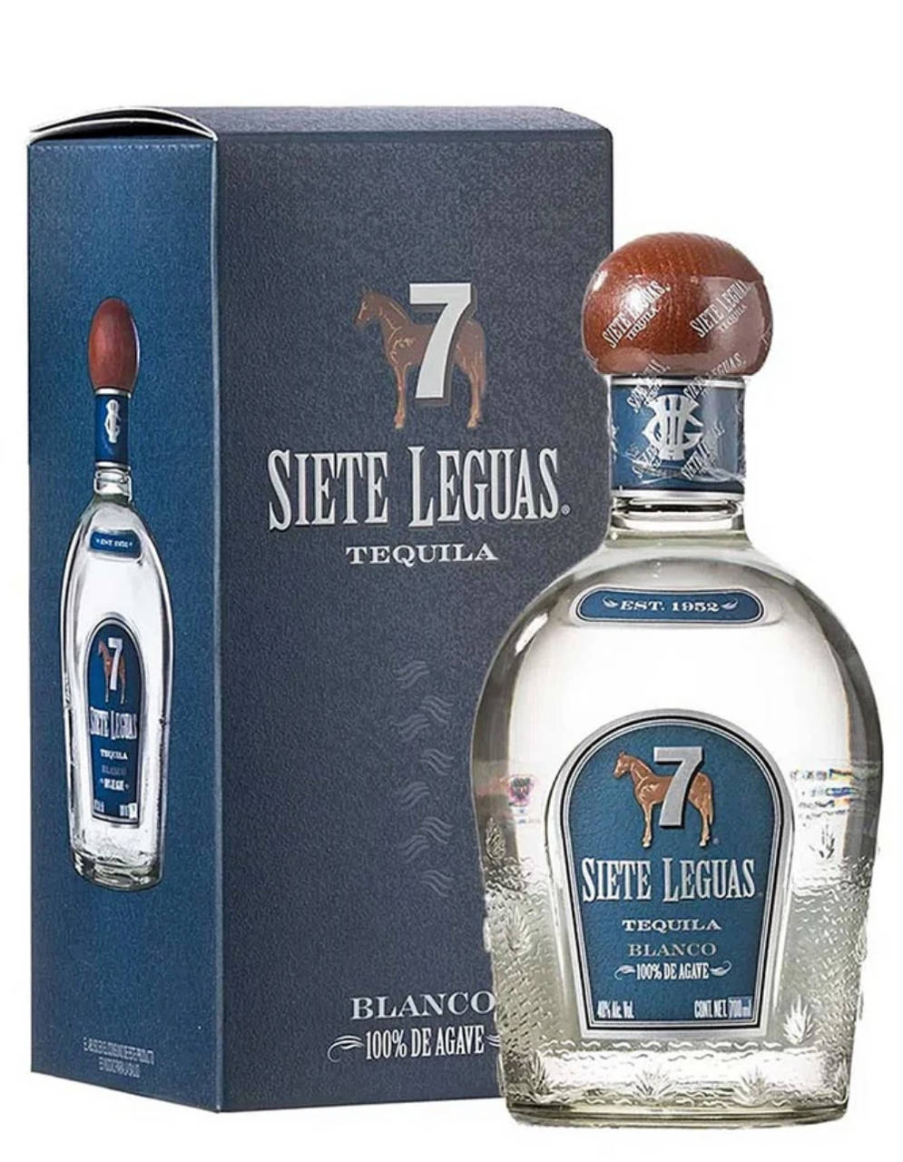 A Bottle Of Siete Leguas Blanco Tequila In A Blue Box Background