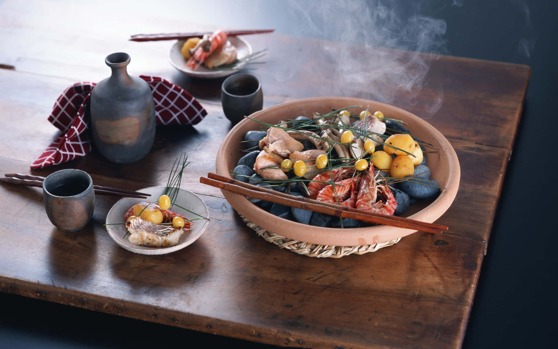 A Bowl Of Seafood With Chopsticks On A Wooden Table Background