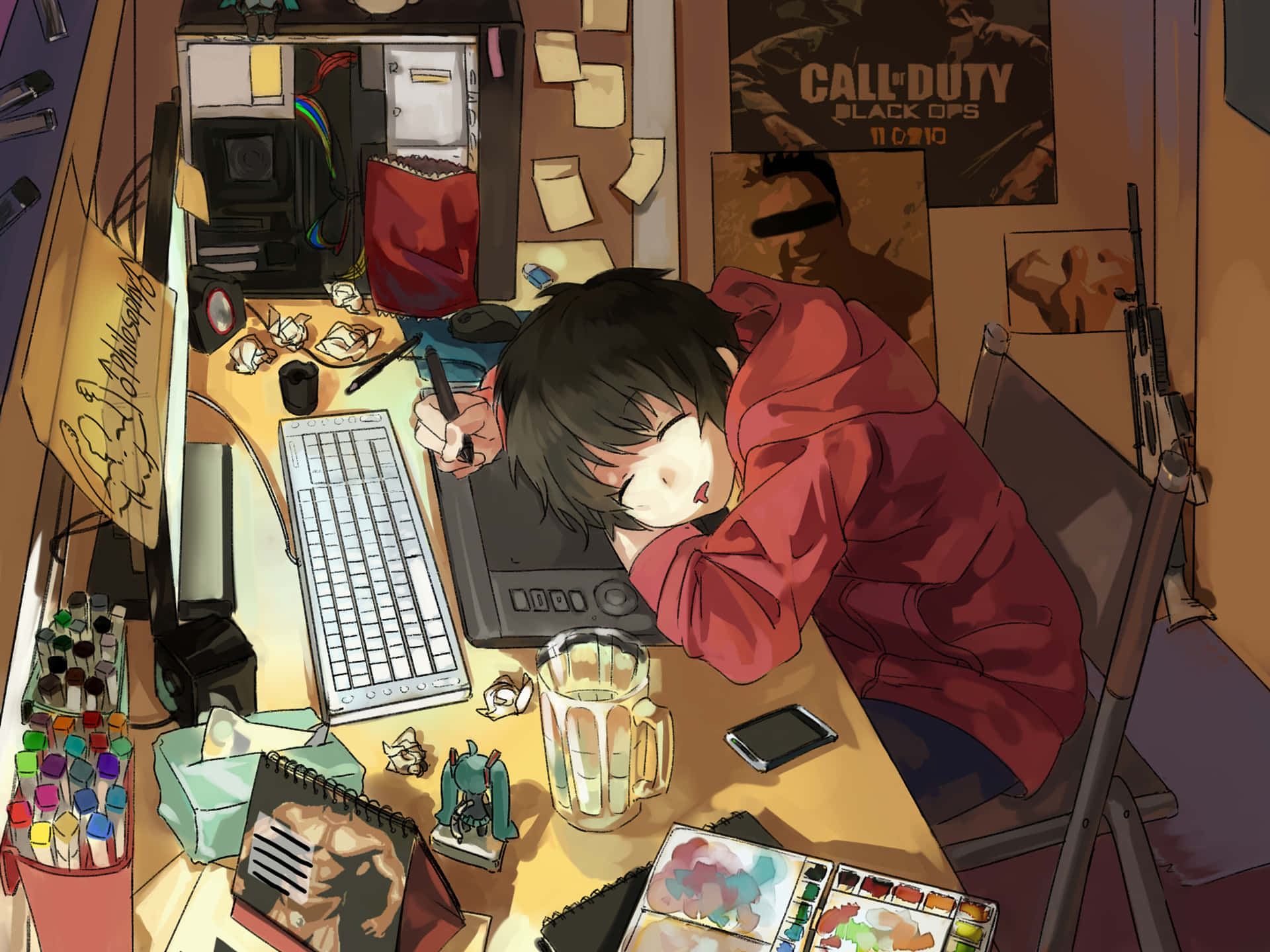 A Boy Alone In Front Of His Computer, Engrossed In Anime Background