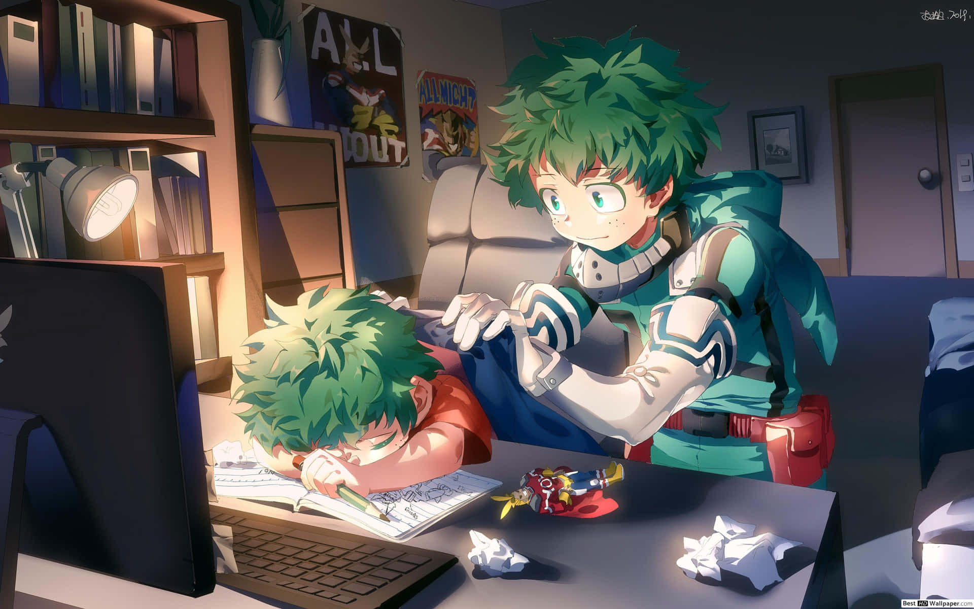 A Boy And Girl Sitting At A Desk With A Laptop Background