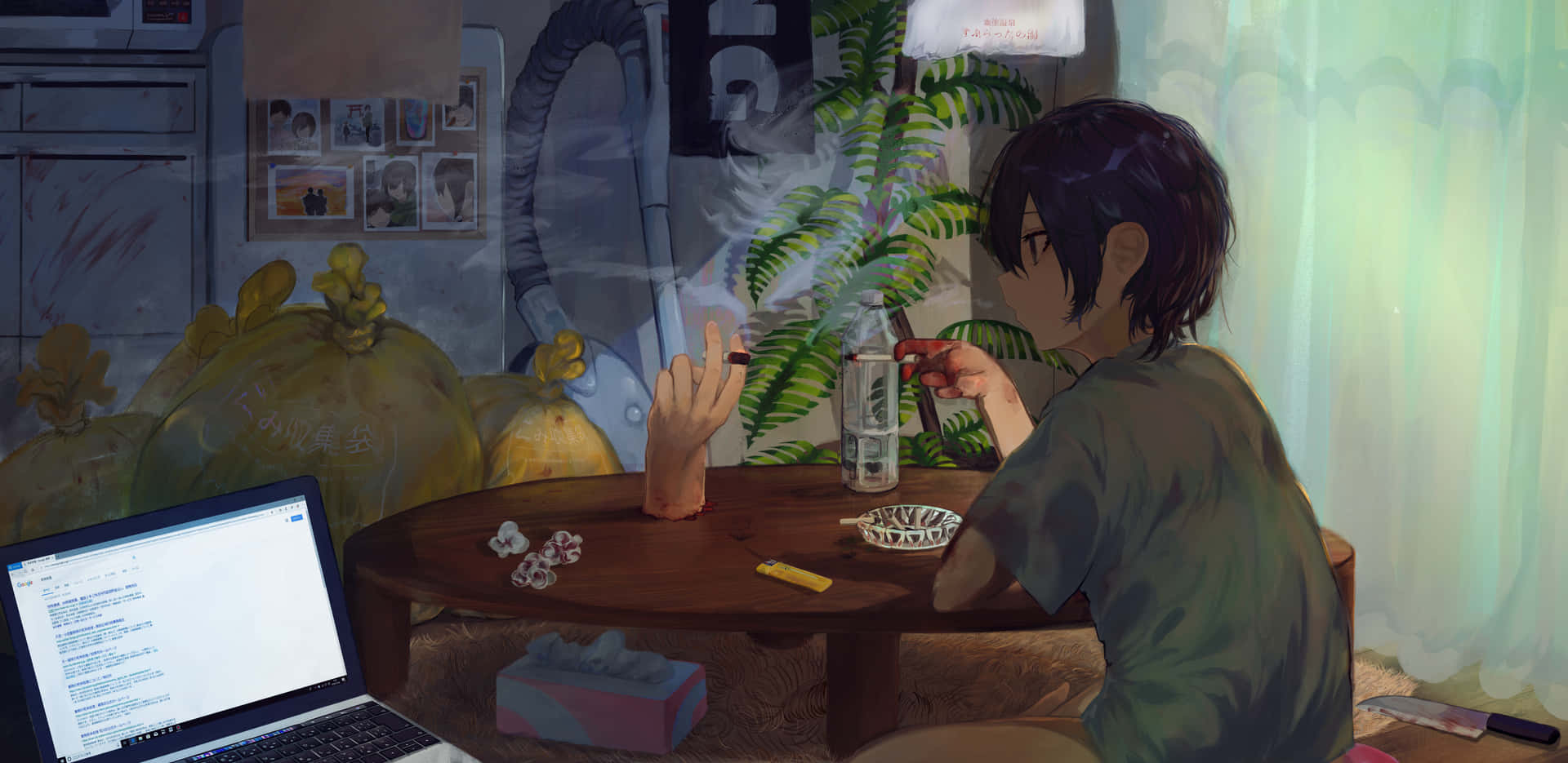 A Boy Enjoying An Anime Series On His Computer Background