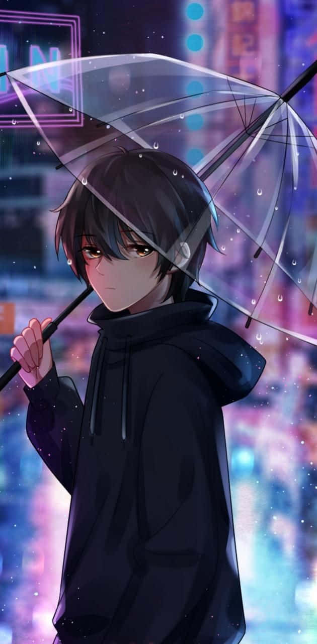 A Boy Holding An Umbrella In The Rain Background