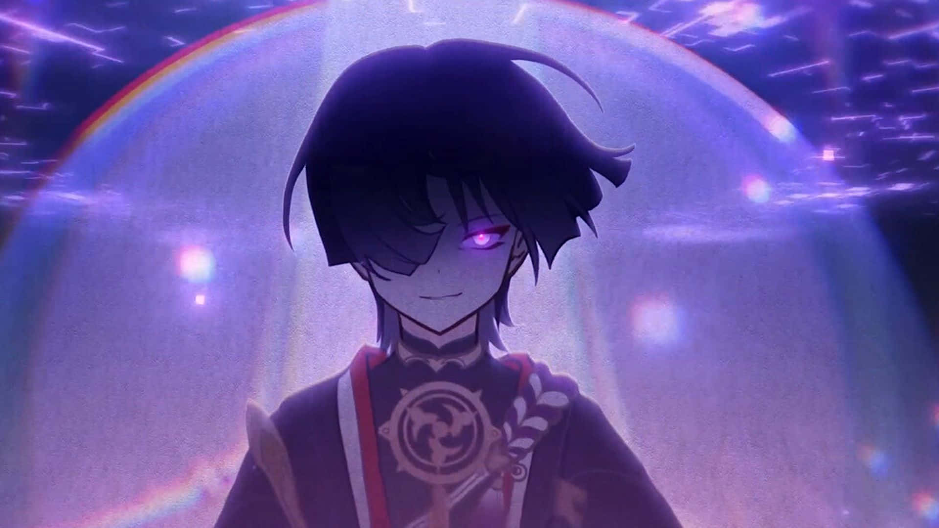 A Boy In An Anime With Purple Eyes And A Sword Background