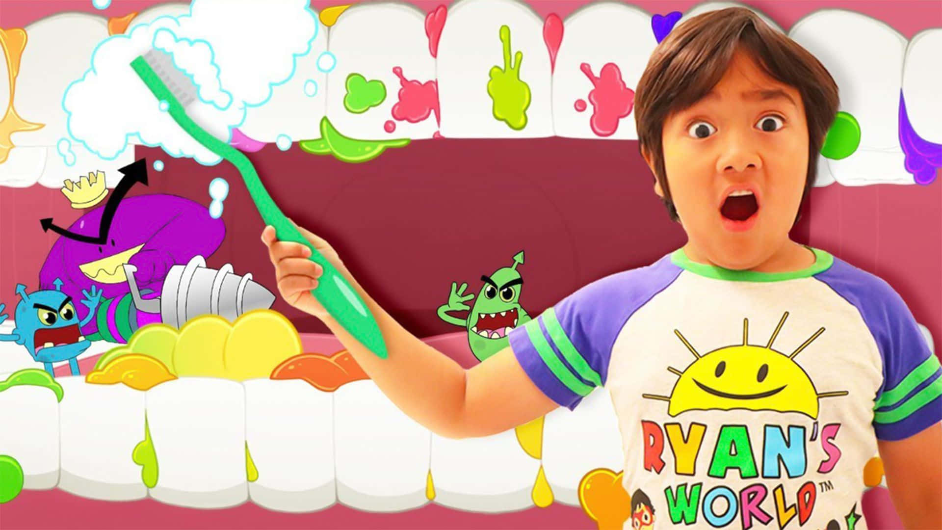 A Boy Is Holding A Toothbrush In Front Of A Cartoon Character Background