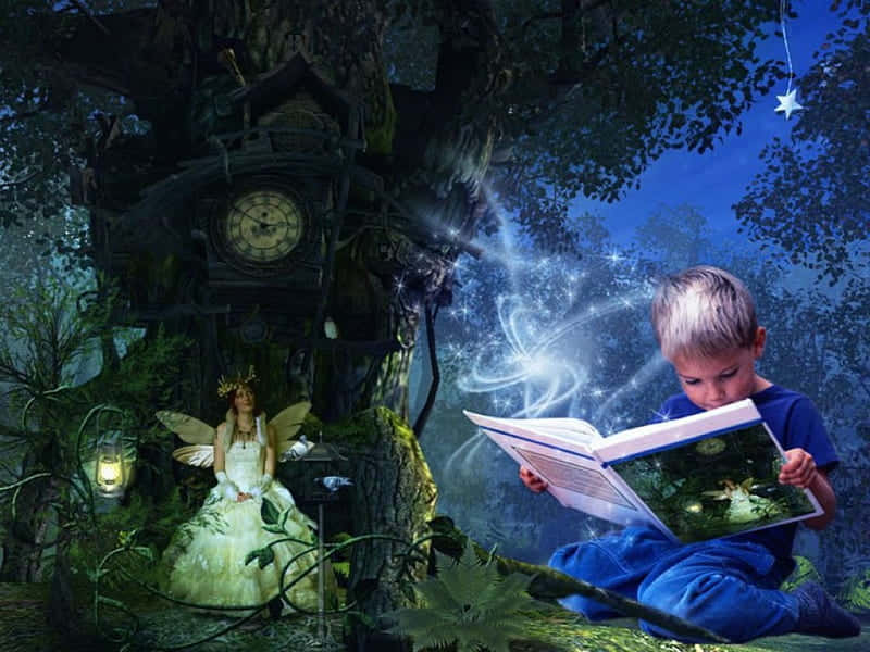 A Boy Is Reading A Book In The Forest Background