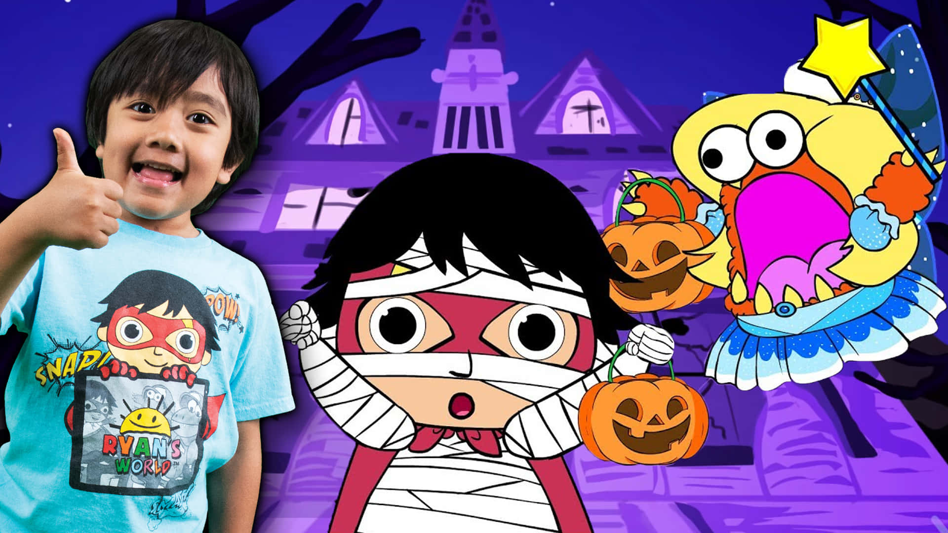 A Boy Is Standing In Front Of A Halloween House With A Cartoon Character Background