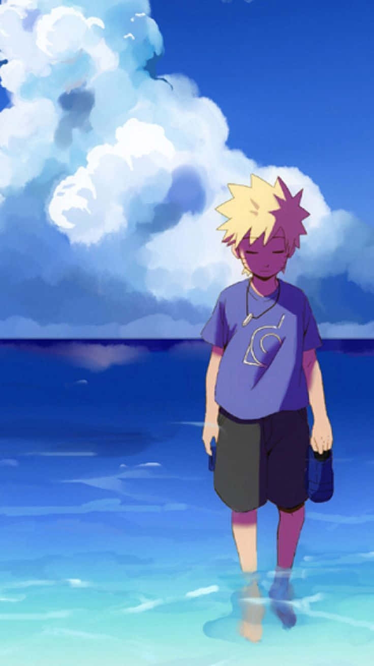 A Boy Is Standing In The Ocean With A Bag Background