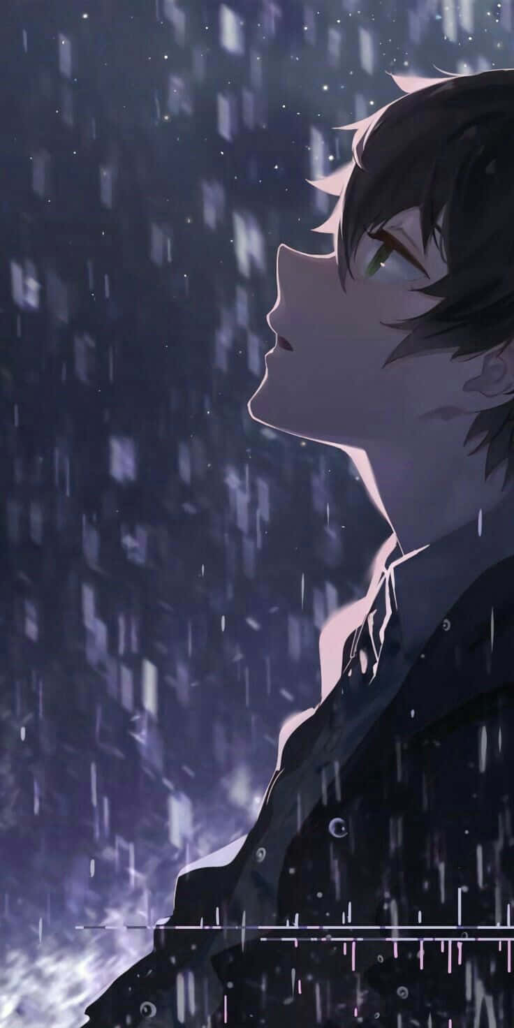 A Boy Is Standing In The Rain With His Eyes Closed Background