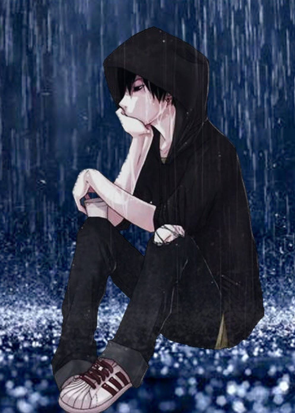 A Boy Sitting In The Rain With A Cup Of Coffee Background