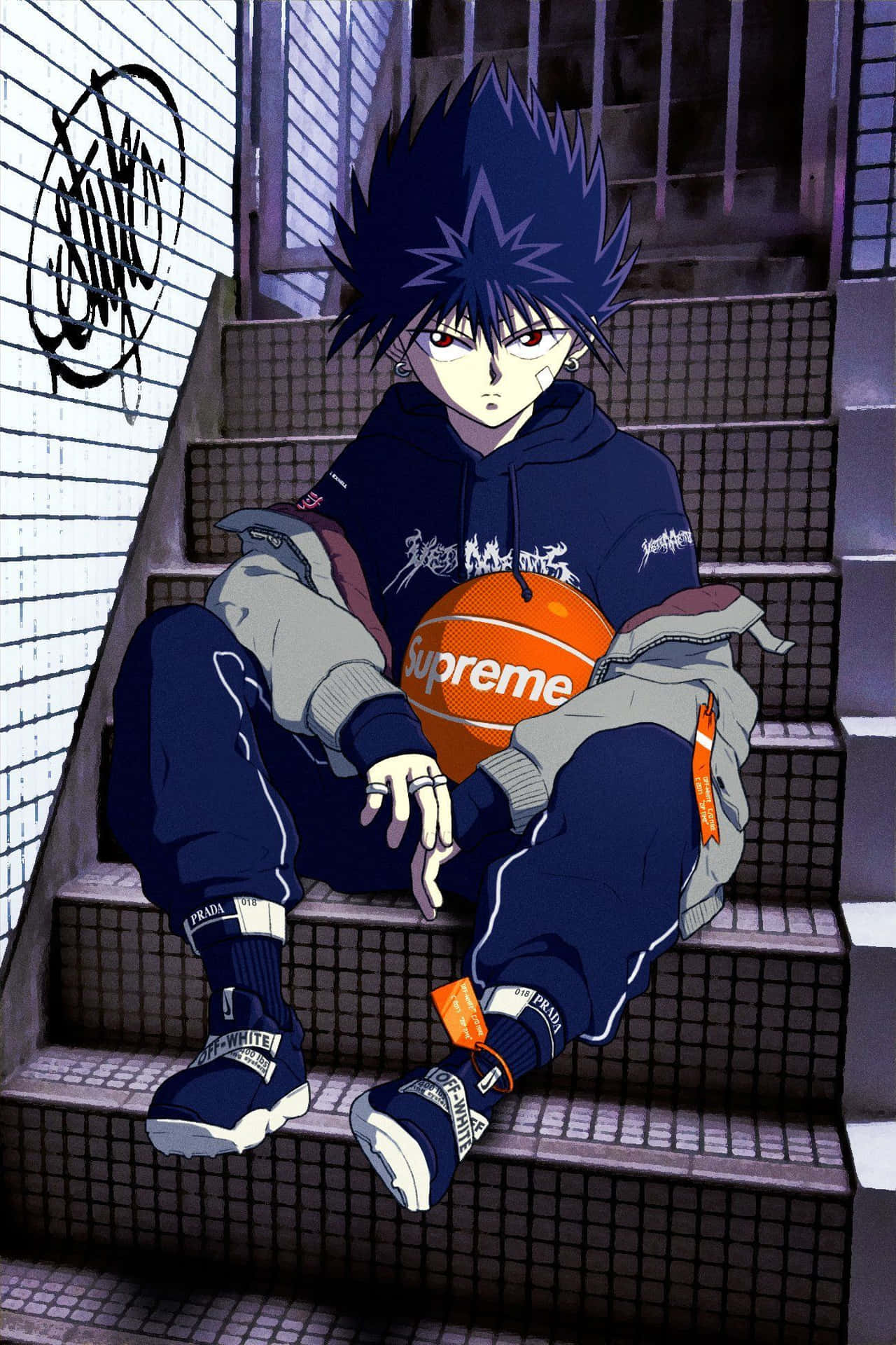 A Boy Sitting On Some Stairs With A Blue Jacket Background