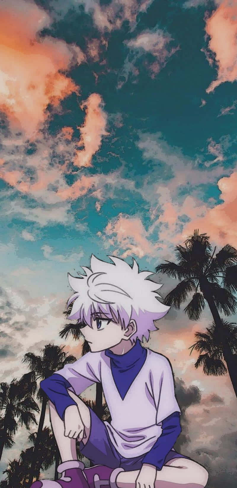 A Boy Sitting On The Ground With A Palm Tree In The Background Background