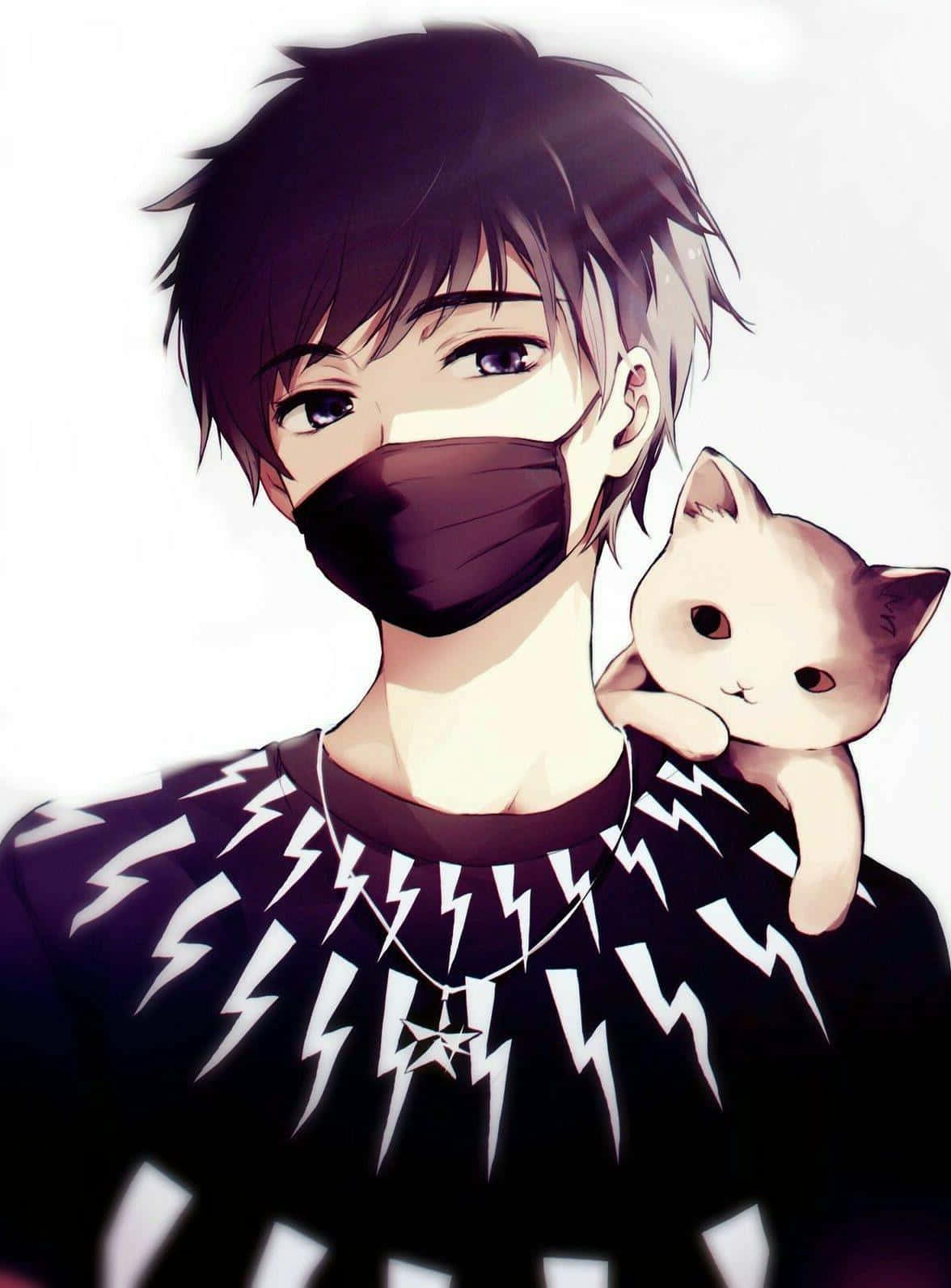 A Boy Wearing A Mask Holding A Cat Background