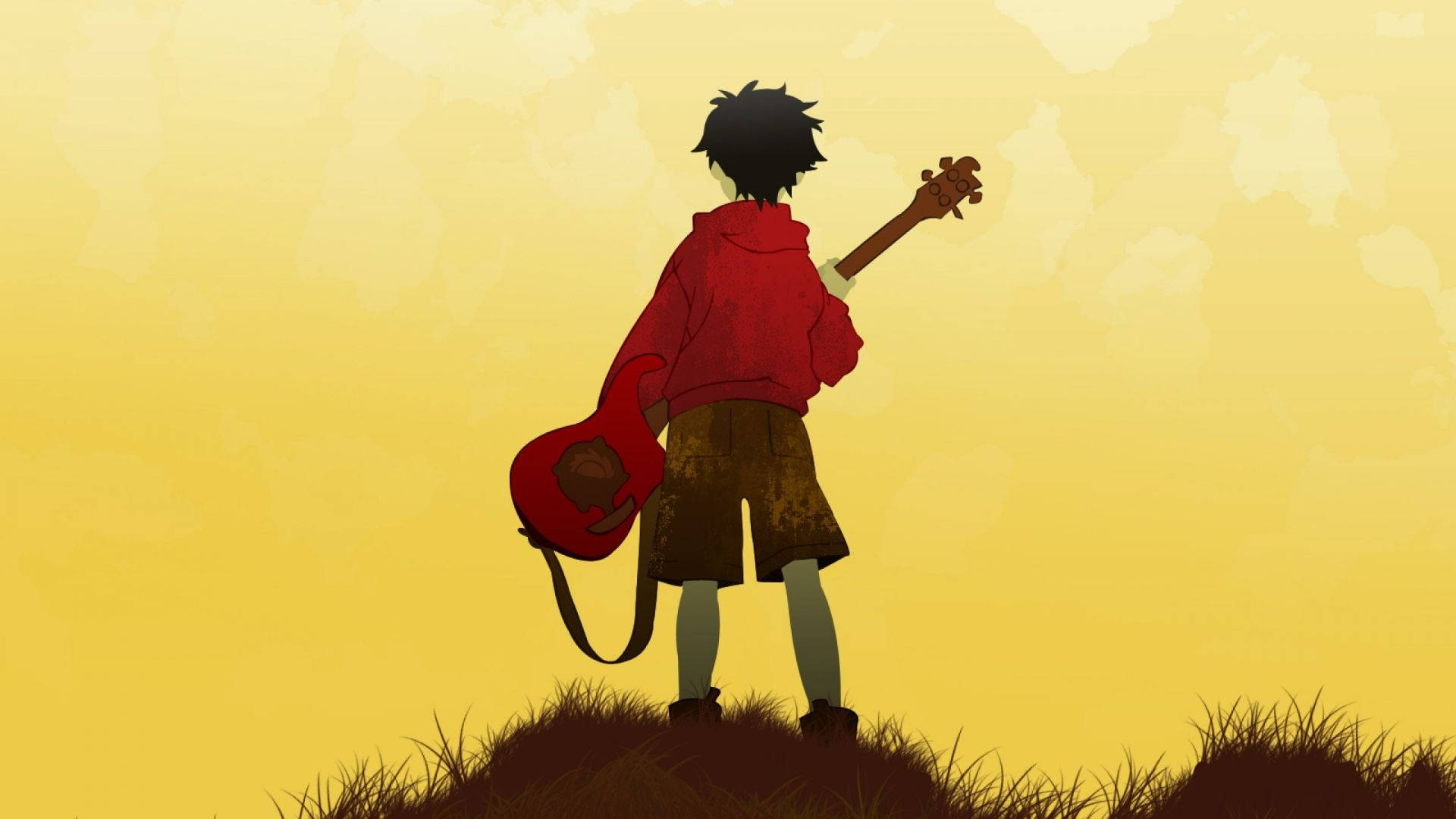 A Boy With A Guitar Standing On A Hill Background