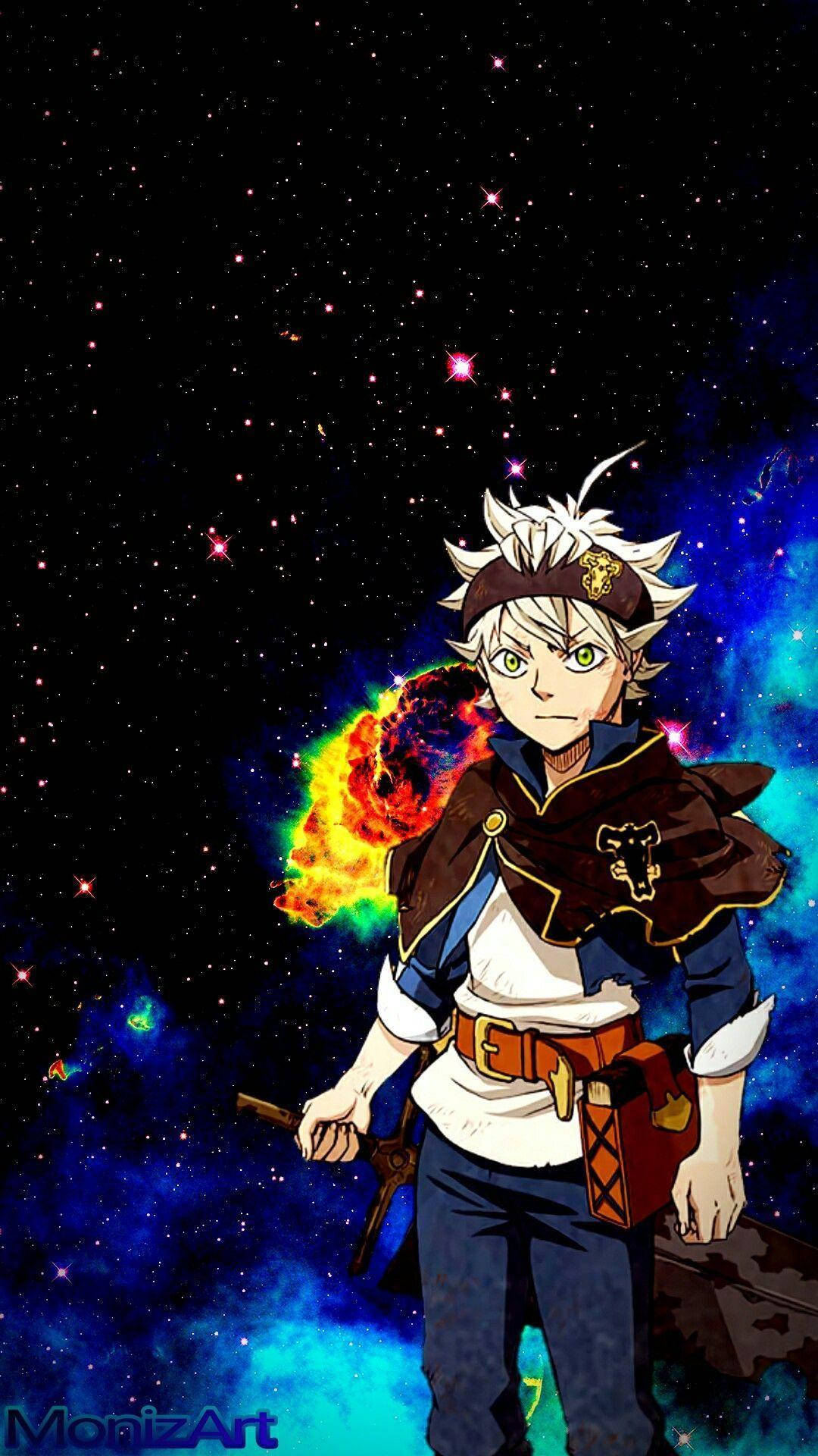 A Boy With A Sword And A Sword In Front Of A Galaxy Background