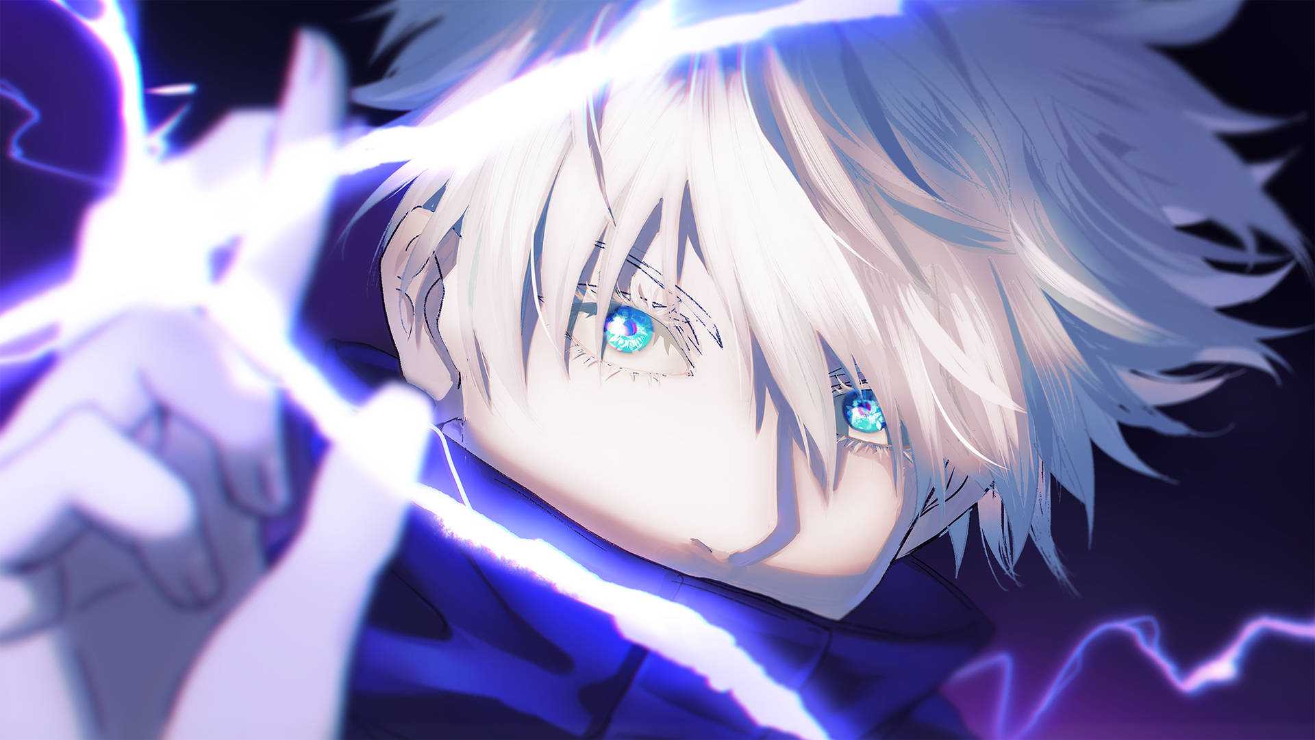 A Boy With Blue Eyes And Blue Hair Is Holding A Lightning Bolt Background