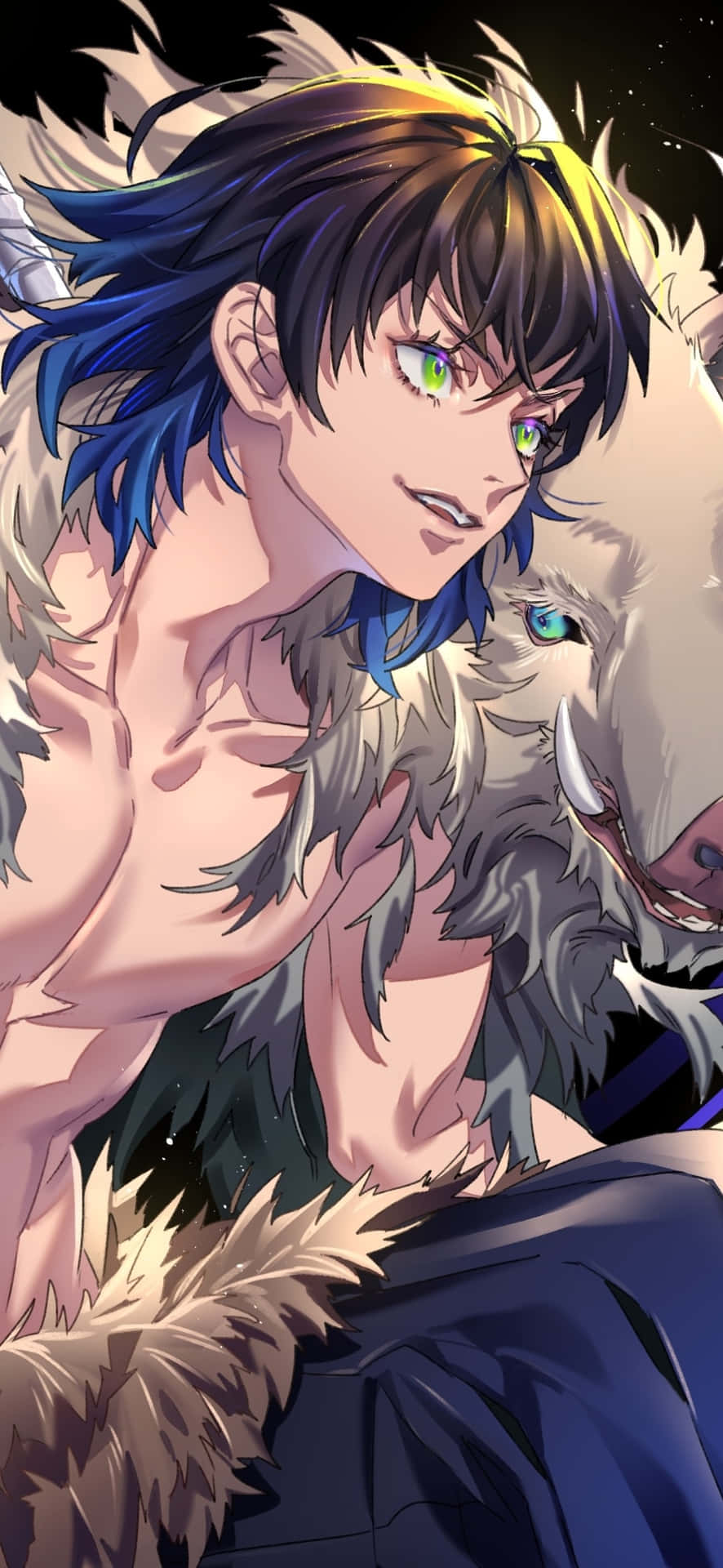 A Boy With Blue Hair And A Wolf Background