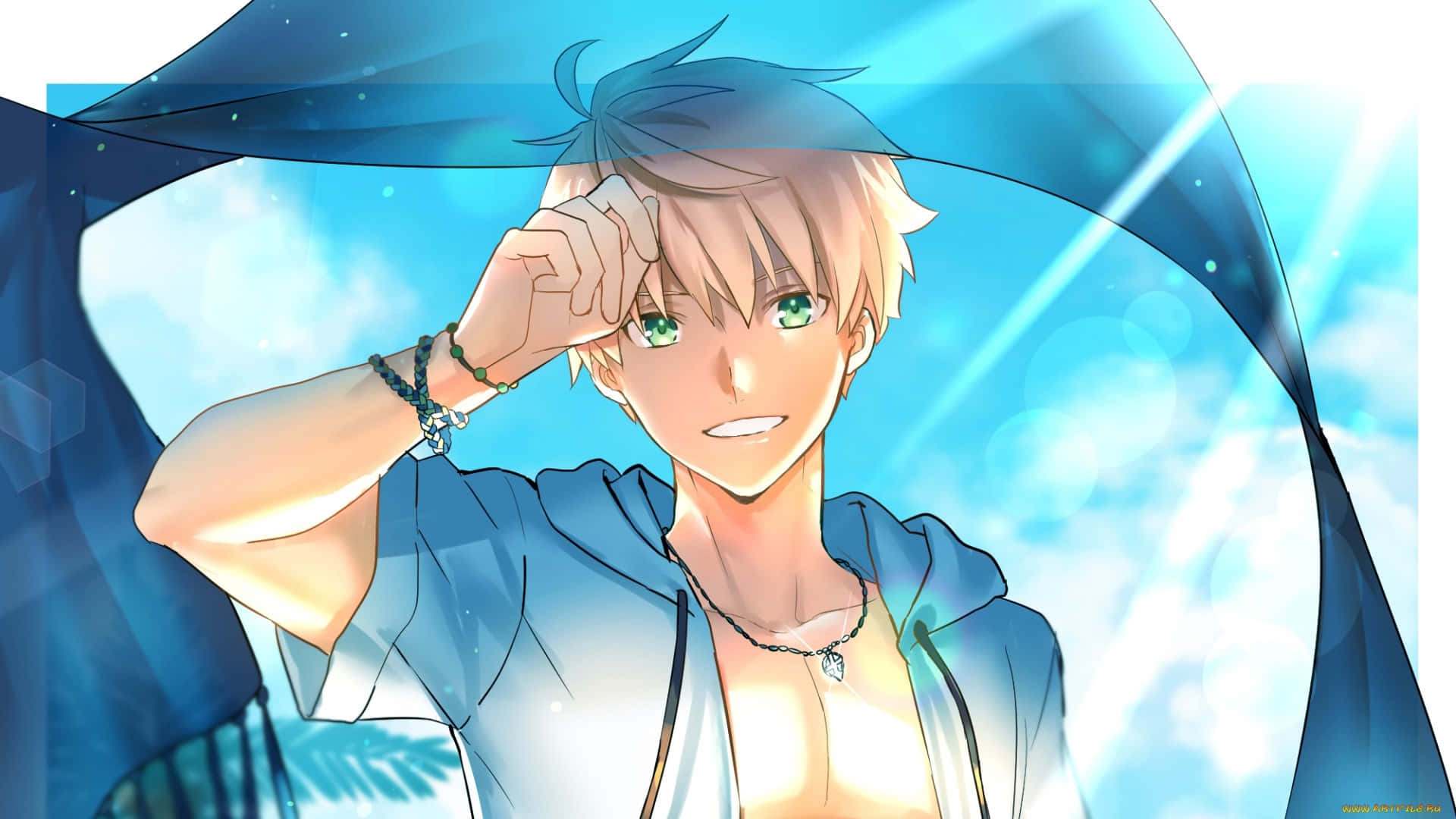 A Boy With Blue Hair And Green Eyes Background