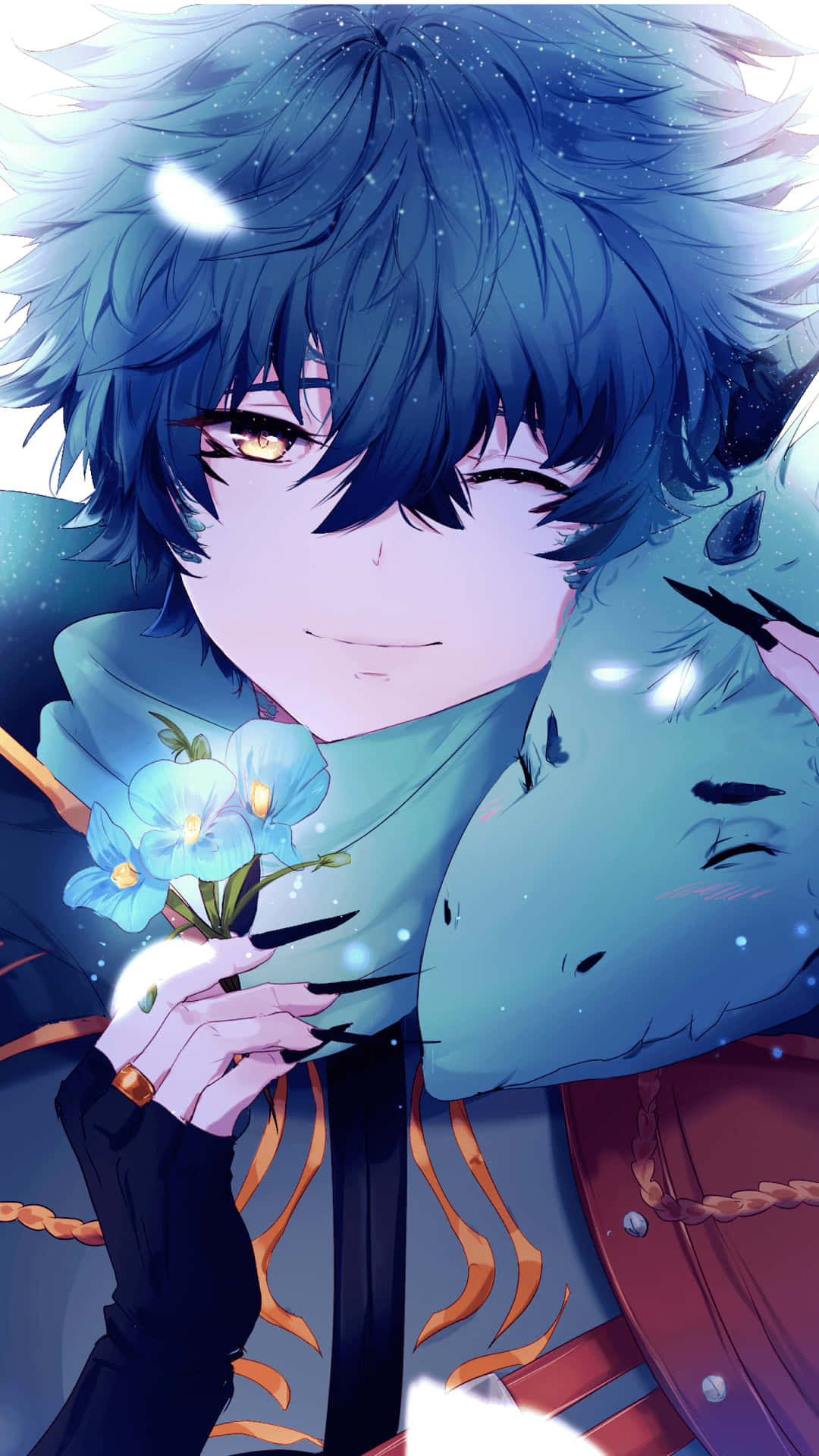 A Boy With Blue Hair Holding A Flower Background